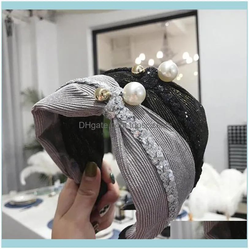 Fashion Wide Side Headband Women Big Rhinestone Hairband Pearls Headwear Turban Hair Accessories Drop 1