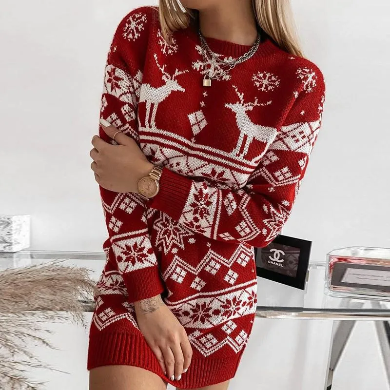 Moda streetwear abito invernale natalizio fiocco di neve alce lavorato a maglia jacquard donna o-collo manica lunga slim