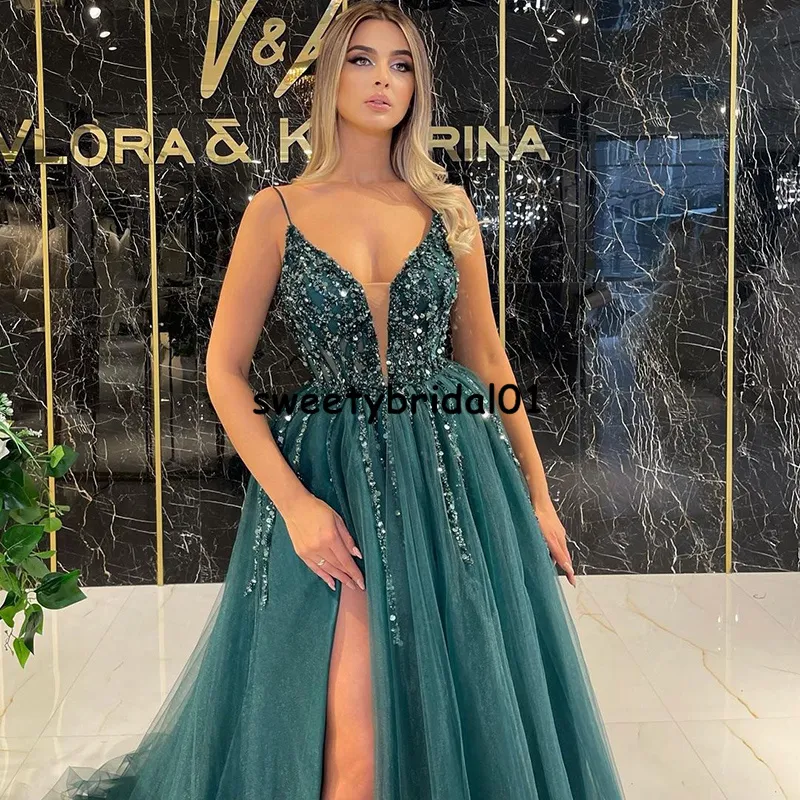 Green Spaghetti Strap Amazon Prom Dresses Cheap With Beaded Split