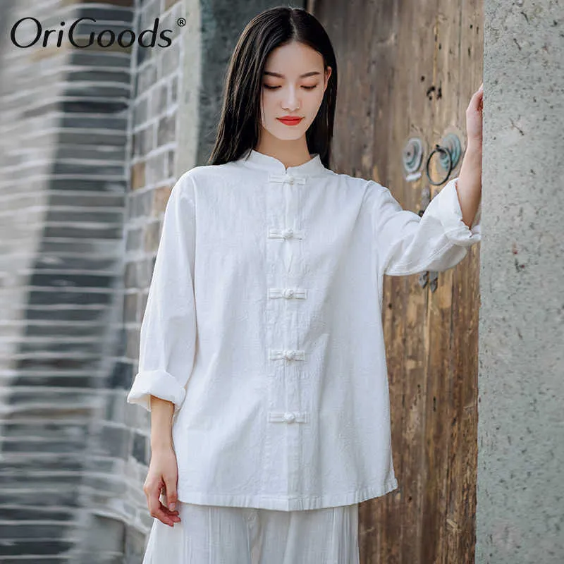 OriGoods Women Long Sleeve Shirt Autumn Chinese Style Shirt Blouse Cotton  Linen Vintage Shirt Qigong Tai Chi Clothes C269 210721 From Lu006, $23.2