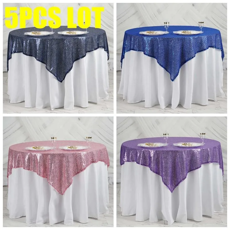 Tabela de pano 5 pcs lote 152x152cm glitter lantejoull toalha de mesa de sobreposição poli para festa de evento de casamento el decoração