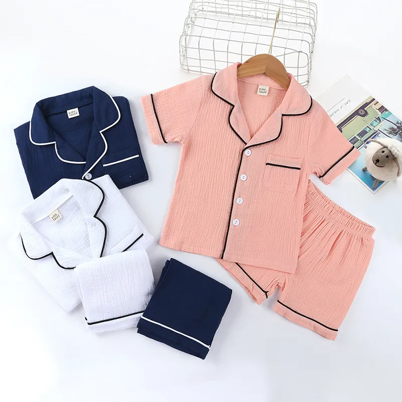 Kids Summer Cotton Linen Pajama Set Short Sleeved Sleep Shorts And