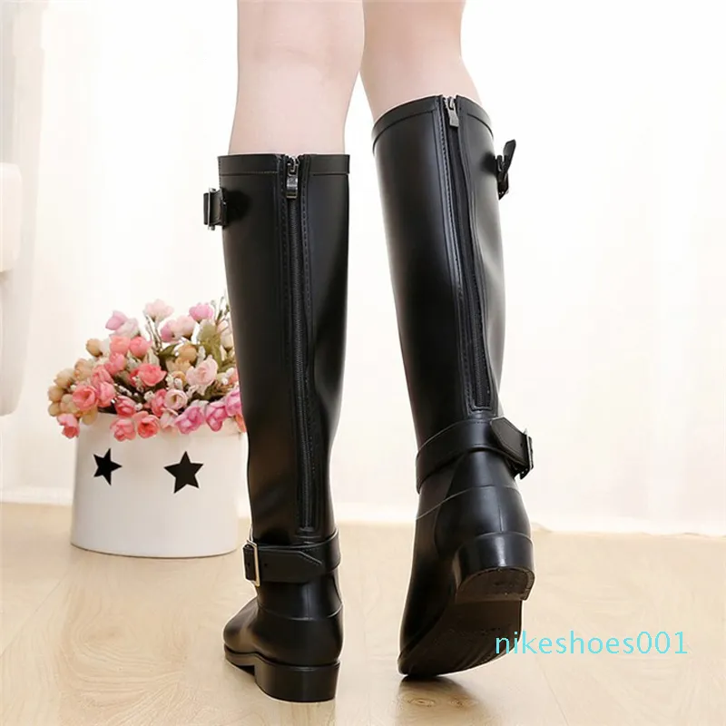 Punk Style Zipper Tall Boots Women's Pure Color Rain Boots Utomhusgummi vattenskor för kvinnliga 36-41 plus storlek