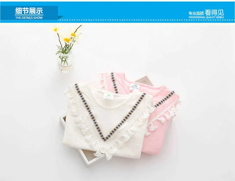 Girls Clothes Summer 100% Cotton White Pink Solid Color V Tassels Patchwork Short Sleeve O-Neck T Shirt Girls (6)