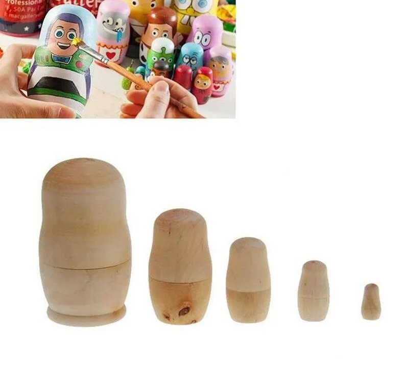 5pcs / set omålat diy tomt trä embryon ryska nestande dockor matryoshka leksak barn födelsedag present parti leveranser # 202127