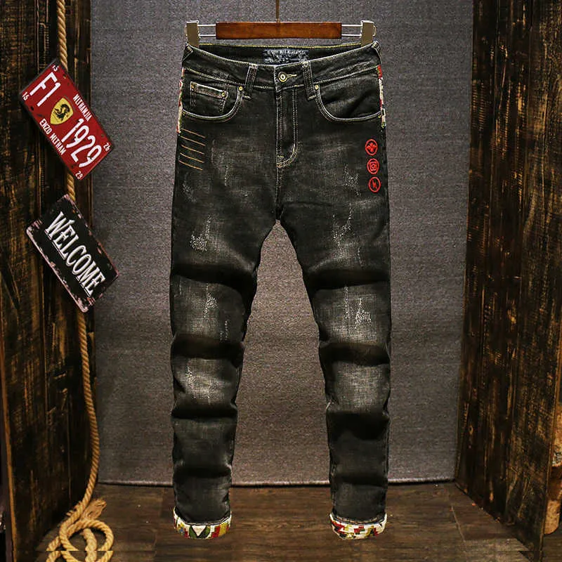 Streetwear Mode Heren Jeans Elastiek Slim Fit Borduurwerk Ontwerper Gescheurd voor Patchwork Hip Hop Denim Punk Broek Homme