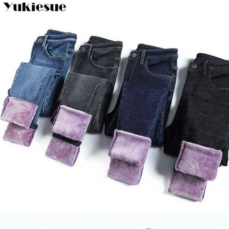 Zimowa żeński Grube Plus Velvet Polar Ciepłe Kobiety Skinny Jeans Spodnie Wysokie Talia Stretch Denim Ołówek Spodnie Rozmiar 211129