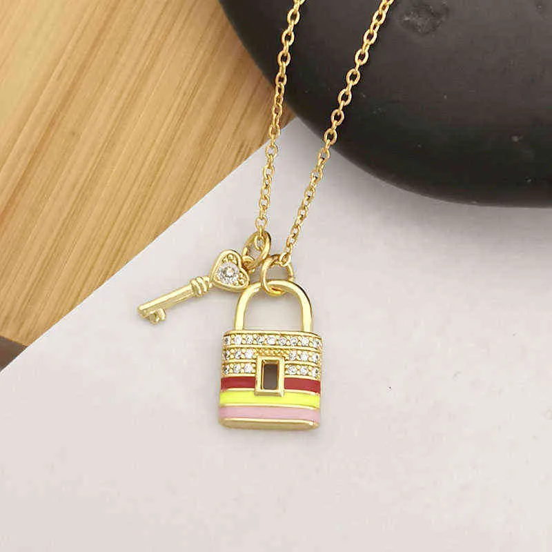 QMHJE Key Lock Charm Pendant Necklace for Women Stainless Steel Silm Chain Gold Color Enamel Candy Cute Lady Girl Gift Choker G1206