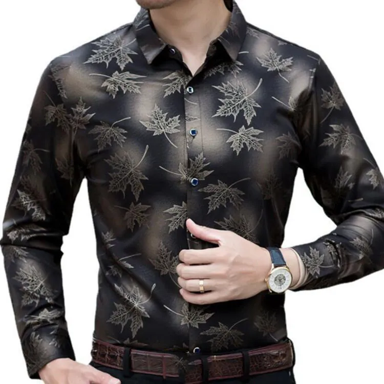 Społeczny z długim rękawem klon liść liść koszule mężczyźni slim fit vintage mody męska koszula mężczyzna sukienka odzież