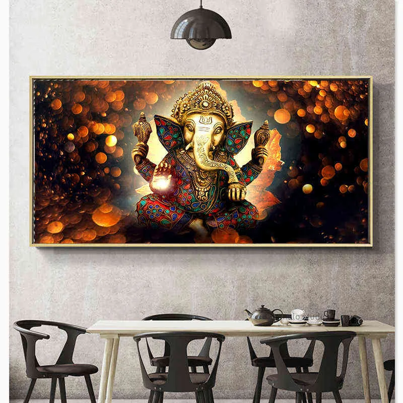 Wall Art Print Lord Ganesha Vinayaka Ganapati Statue Buddha Painting Religion Art Golden Elephant Decorative Paintings H1110