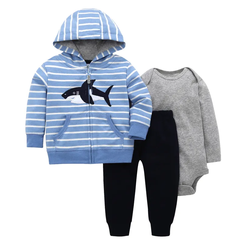 3PCS autumn winter baby boy outfits cotton stripe&shark hooded coat+long sleeve romper+pants 6-24M BABY GIRL CLOTHING SET
