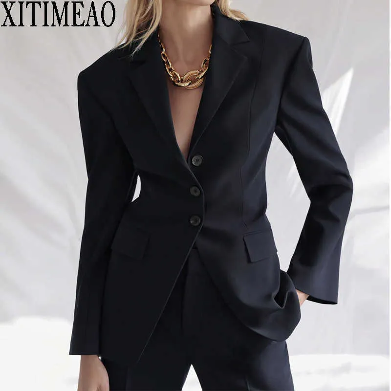 Za mulheres blazer casacos de mangas compridas Único breasted slim casual ternos casacos azul escuro senhora tops 210602