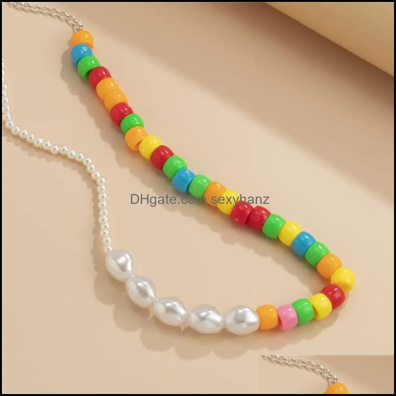 Acrylic Imitation Pearl Splicing Beaded Necklaces Contrast Candy Color Size Clavicle Chain Women Single Souvenir Dress Sweater Necklace Jewelry