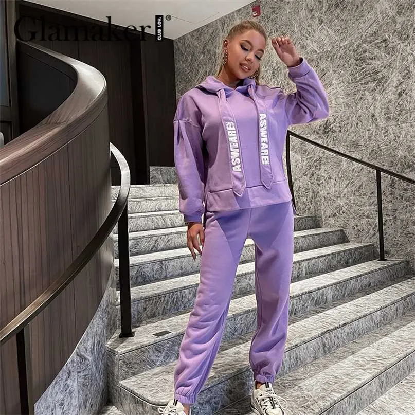 Glamaker Casual Purple Loose Fleece Tracksuits Pants Passar Women Oversize Sweatshirt Hoodies Elastic High midje Harem Pant Winter 211101