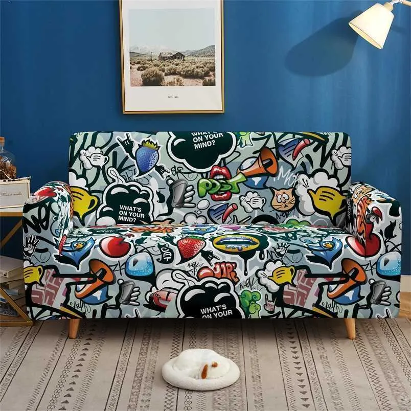 Hip Hop Sofa Cover Stretch Angle Printed Graffiti Elastic Couch Case for Home Corner Sectional Sofa1 2 3 4Seater Slipcover 211207