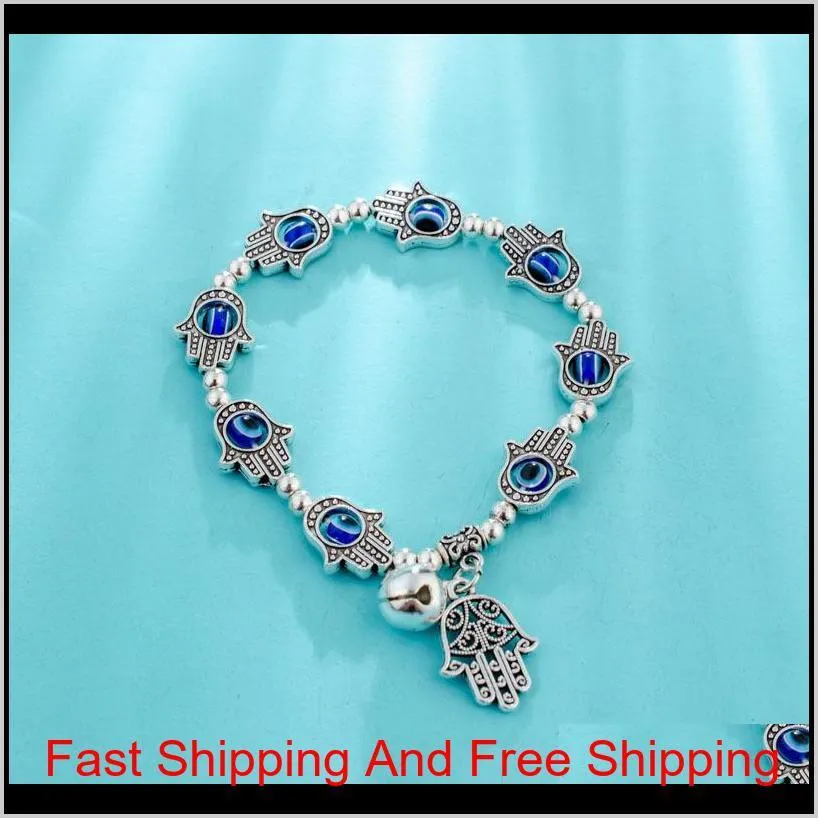 fatima hand hamsa bracelet jewelry women man gold silver color fashion blue devil evil eye plam bell beaded anchor charm bracelets for