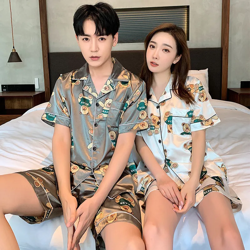 Short Silk Couple Pajamas Sets Silk Matching Pajamas for Women and Men