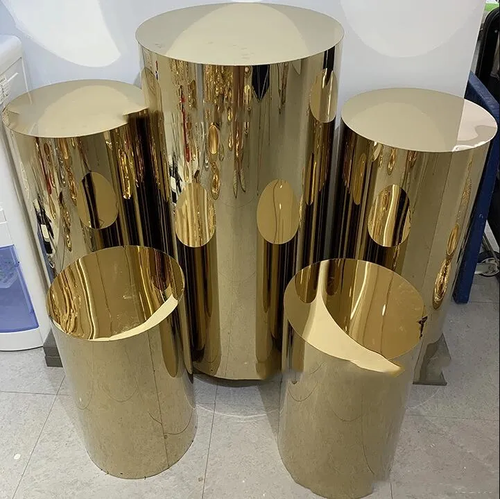 Colonne brillante plaquée or, base d'affichage de décoration de fête, table cylindrique en acier inoxydable pour support à gâteaux en arc métallique