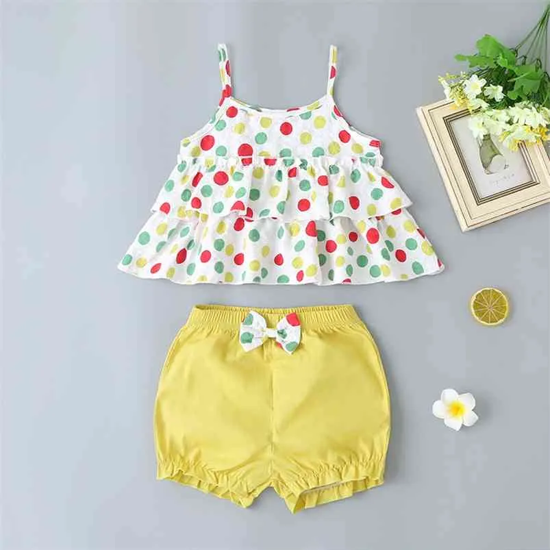 Summer Infant Barboteuses Vêtements Strap Dot Tops Bow Jaune Shorts Bébé Filles Costume 3-24M 210629