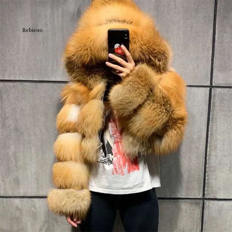 Fashion Women Environmental Red Fur Coat With Hood Thick Warm Full Pelt Jacket Short Winter Plus Size Woman 211220