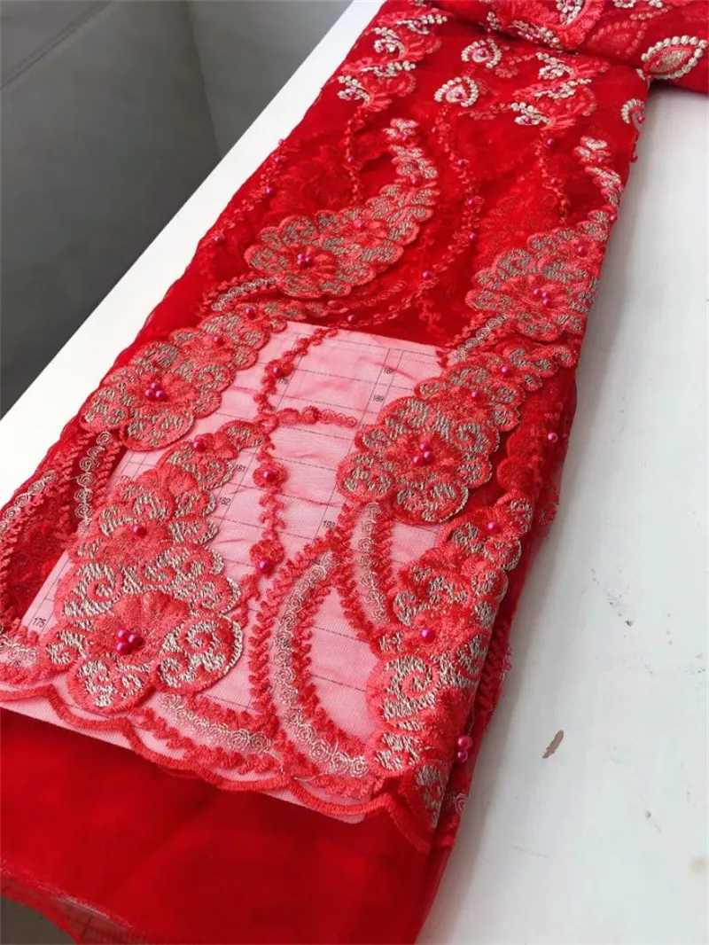 Tissu en dentelle filet français rouge, 5 mètres/lot, broderie, perles assorties, matériel en maille africaine pour s'habiller, meilleure vente, QN79