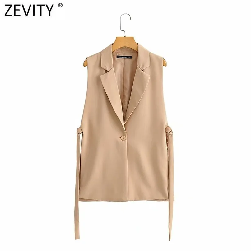 Zevity Women Fashion Solid Side Split One-Button Kamizelka Vintage Kobiet Bez Rękawów Odzieży Odzieży Kostium Chic Outwear Waistcoat CT734 210915