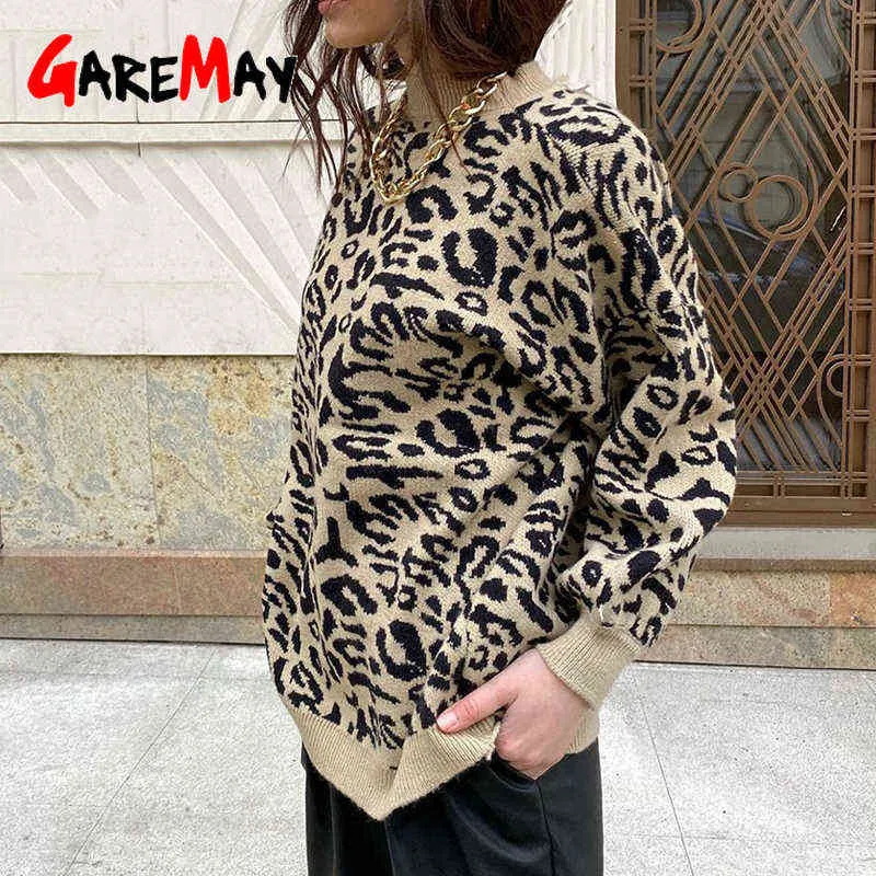 Moda-maglione da donna a collo alto leopardo lavorato a maglia con stampa animalier invernale pullover femminili spessi top casual oversize