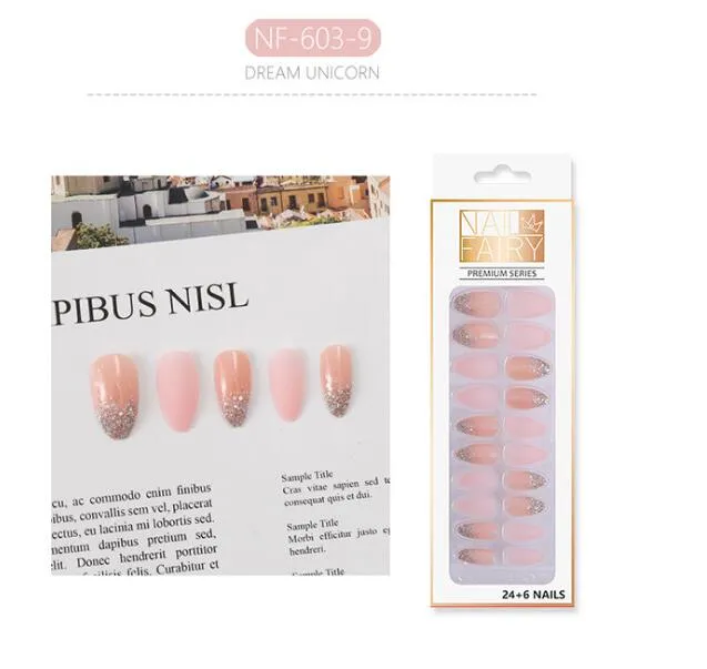 Candy Pink Girl False Nails Trips 24 st pekade skarp med glänsande paljetter Glitter Nail Tips Fake Transparent Full Cover Wear Finger Art