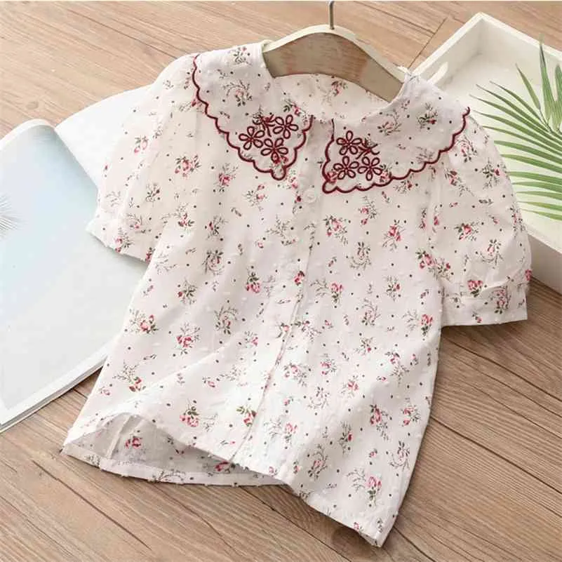 Zomer 2 3 4 5 6 7 8 9 10 12 jaar zoet borduurwerk vol print floral bladerdeeg korte mouw blouse shirt voor baby kinderen meisje 210701