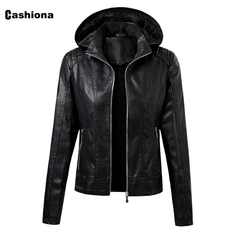 Frauen Mit Kapuze PU Leder Jacken Kaffee Schwarz Winter Warme Oberbekleidung Motorrad Mäntel Mode Faux Leder Jacke Hoodies 201020