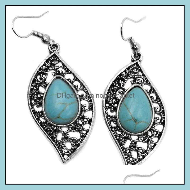 Fashion Turquoise jewelry necklace earrings set Antique Silver leaves Turquoise Pendant necklaces+earring jewelry 2pcs Set for women