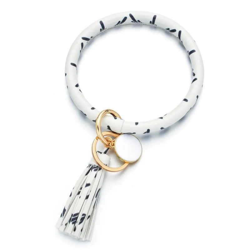 2021 PU Leder Quasten Armband Schlüsselanhänger Handgelenk Ring Sonnenblume Leopard Muster Armreif Halter Durchmesser 7,5 cm