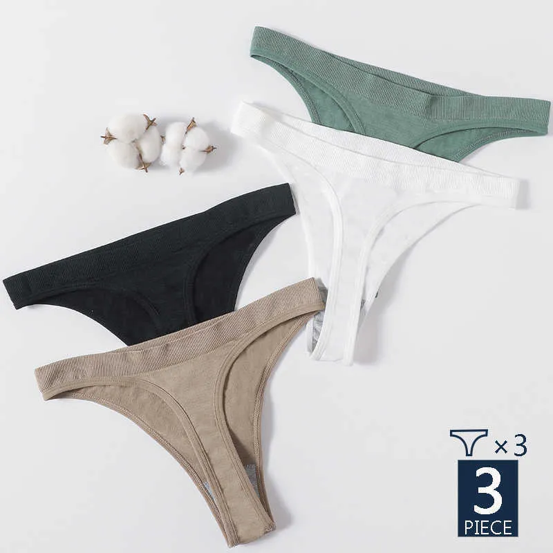 3 PCS / SET FEMMES G-String Thong Coton Coton Culotte sans soudure Sous-vêtements Confort faible Taille Sous-robe Solide Couleur Collante Lingerie M-XL Y0823