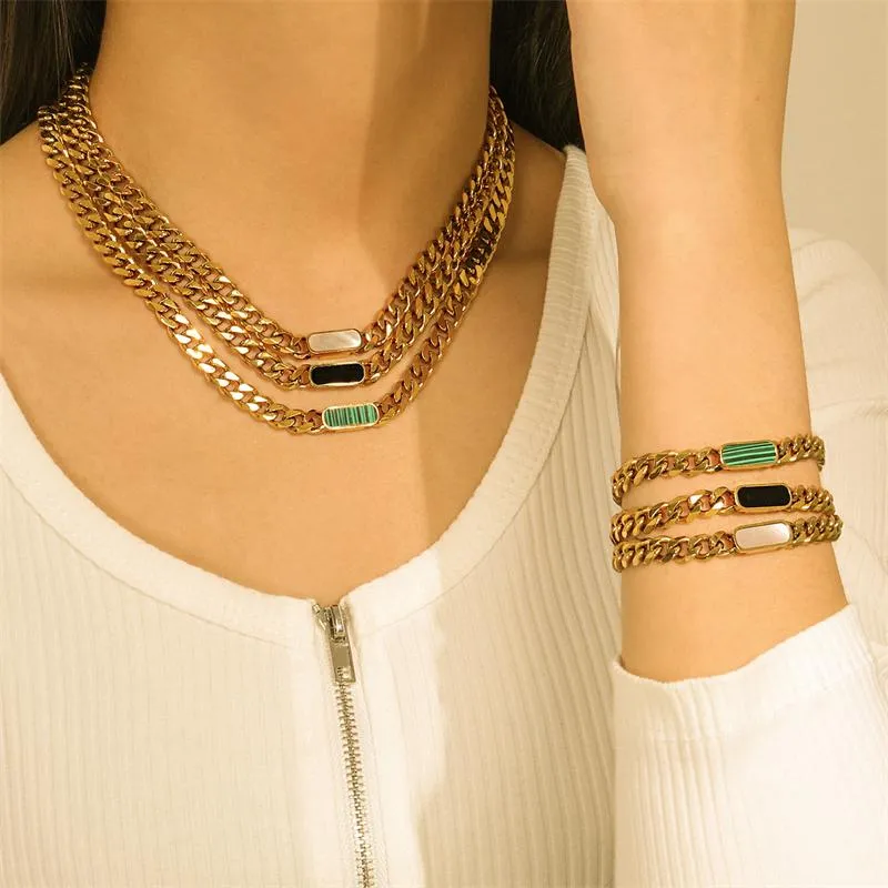 Chains 2021Trend Of The Cuba Plated Stainless Steel Bracelet With 18 K Bai Bei Green Peacock Stone Black INS Titanium Necklaces