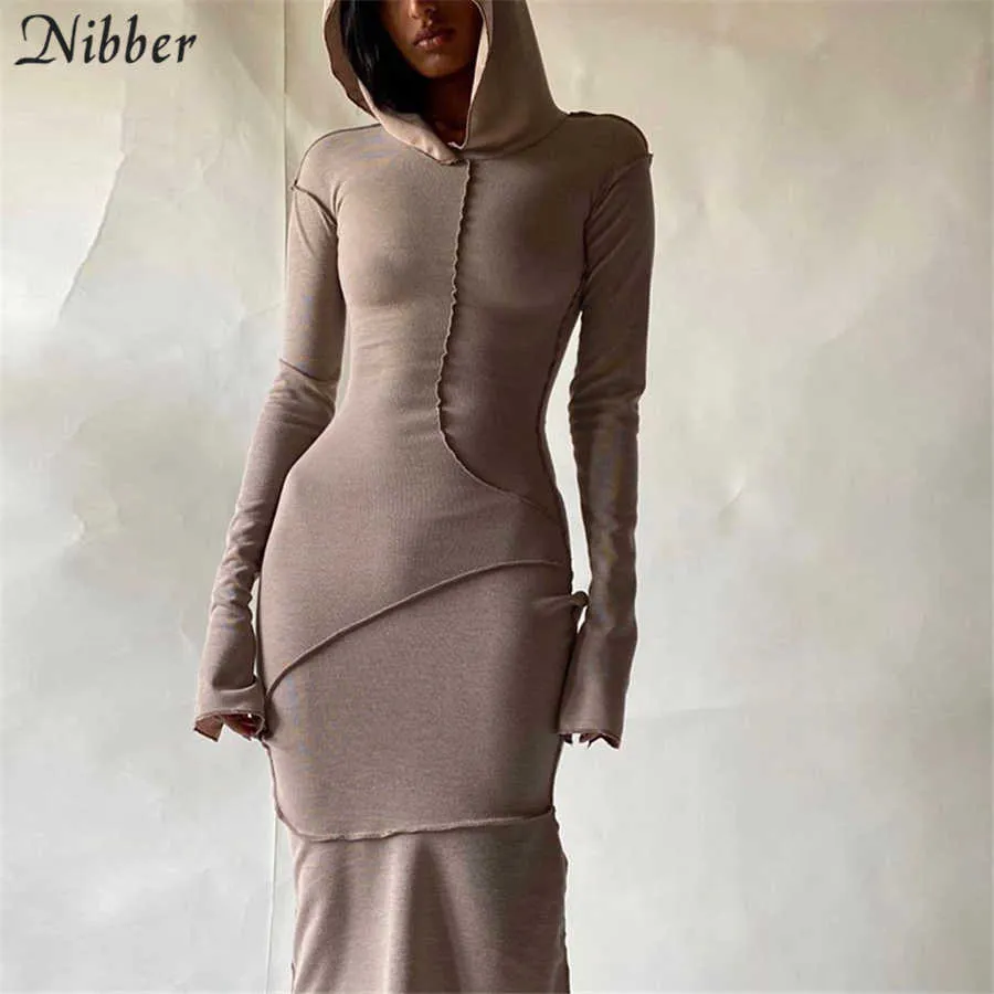 Nibber Spring Maxi abiti patchwork a maniche lunghe con cappuccio per donna 2021 Streetwear Abiti casual Basice Abito aderente Donna Y0726