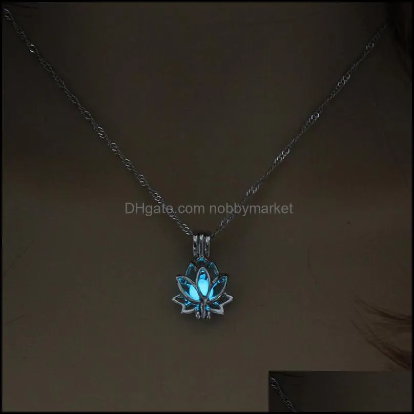 Glow in The Dark Lotus Flower necklaces For Women Hollow Open luminous Beads cages Locket pendant Chains Fashion Jewelry Gift