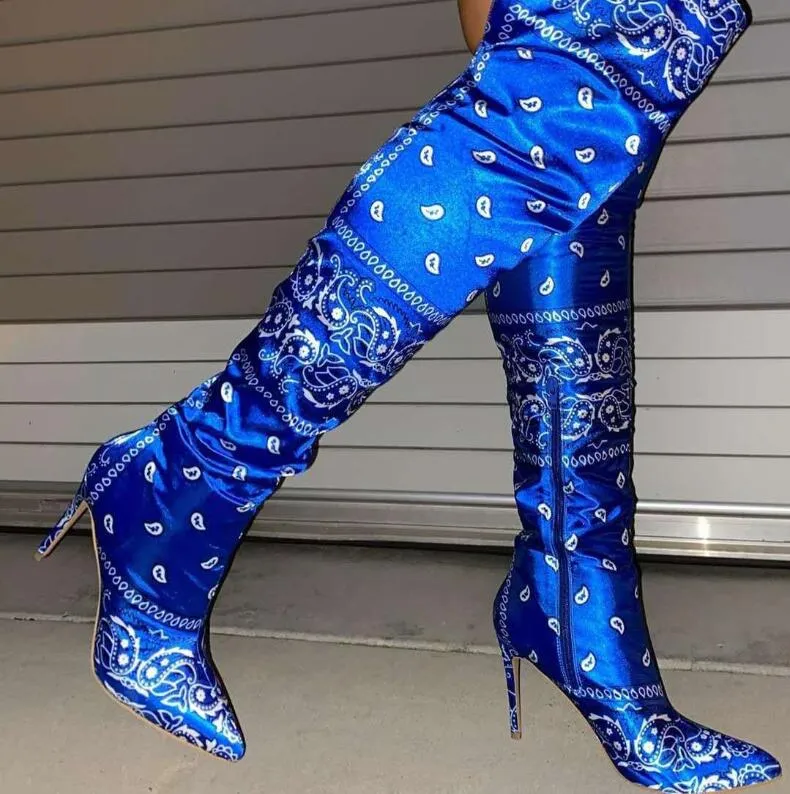Boots Women Cashew Flower Silk Satin Paisley Print Knee Length Shoes Fashion Motorcycle High Heels Plus Size 43