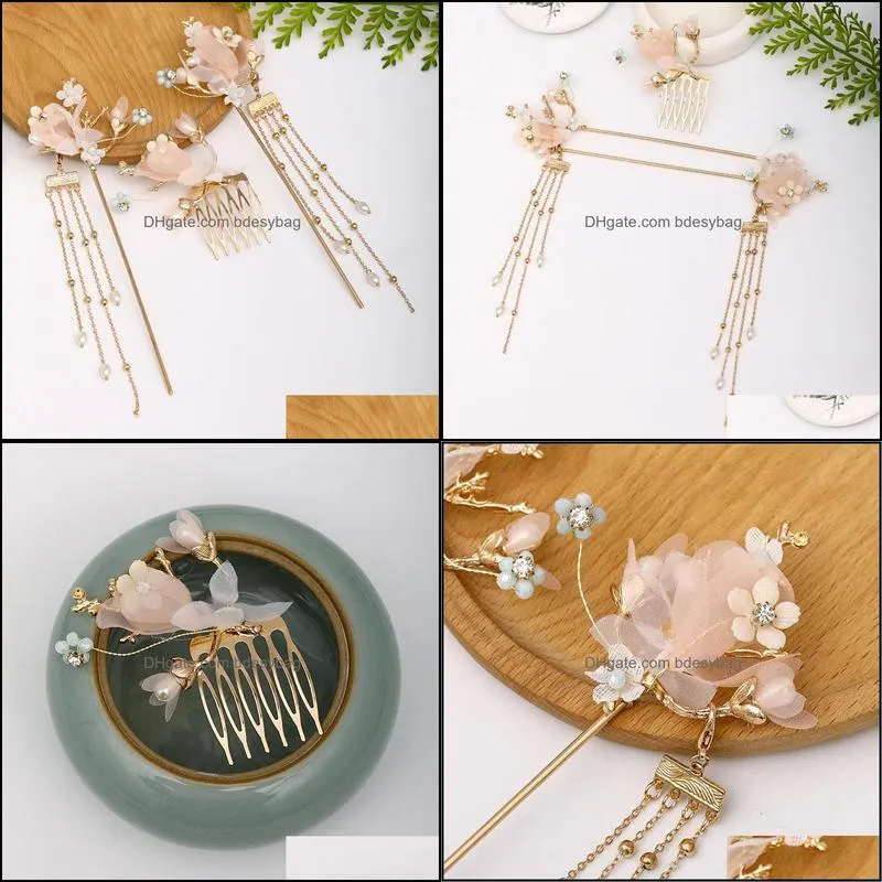 Earrings & Necklace FORSEVEN Ancient Chinese Style Women Girls Hanfu Dress Flower Crystal Pearls Hairpins Clips Hair Fork Combs