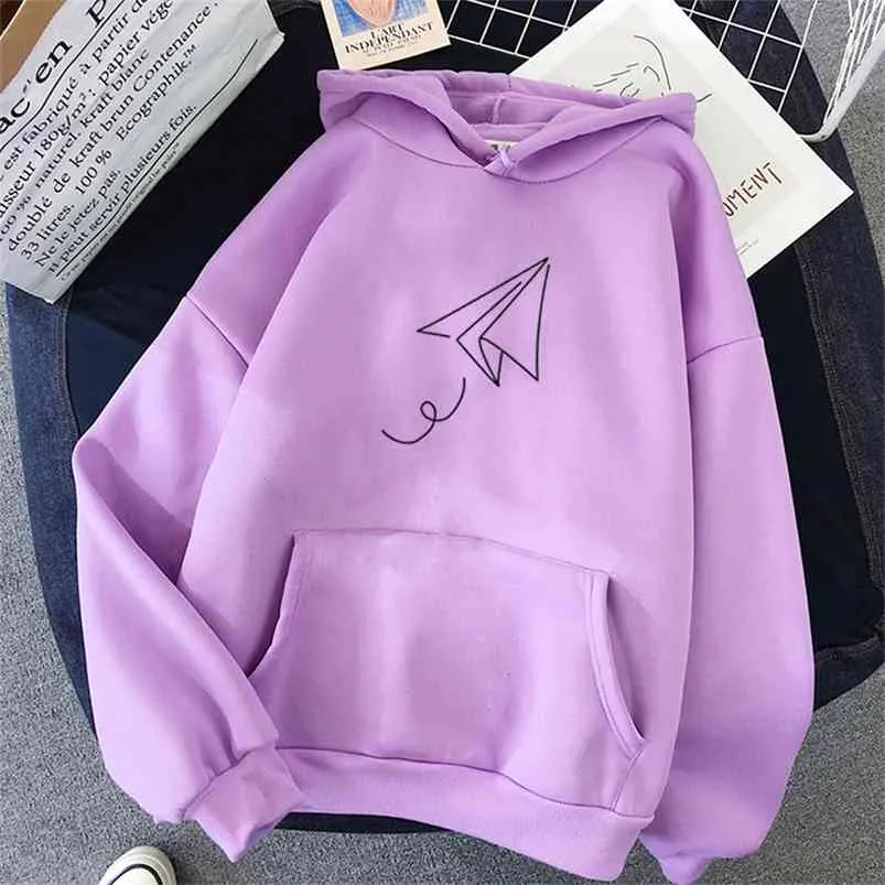 Papier Avion Imprimer À Capuche Surdimensionné Pulls Harajuku Automne Hiver À Capuche Femal Lâche Casual Streetwear Sweat 210728