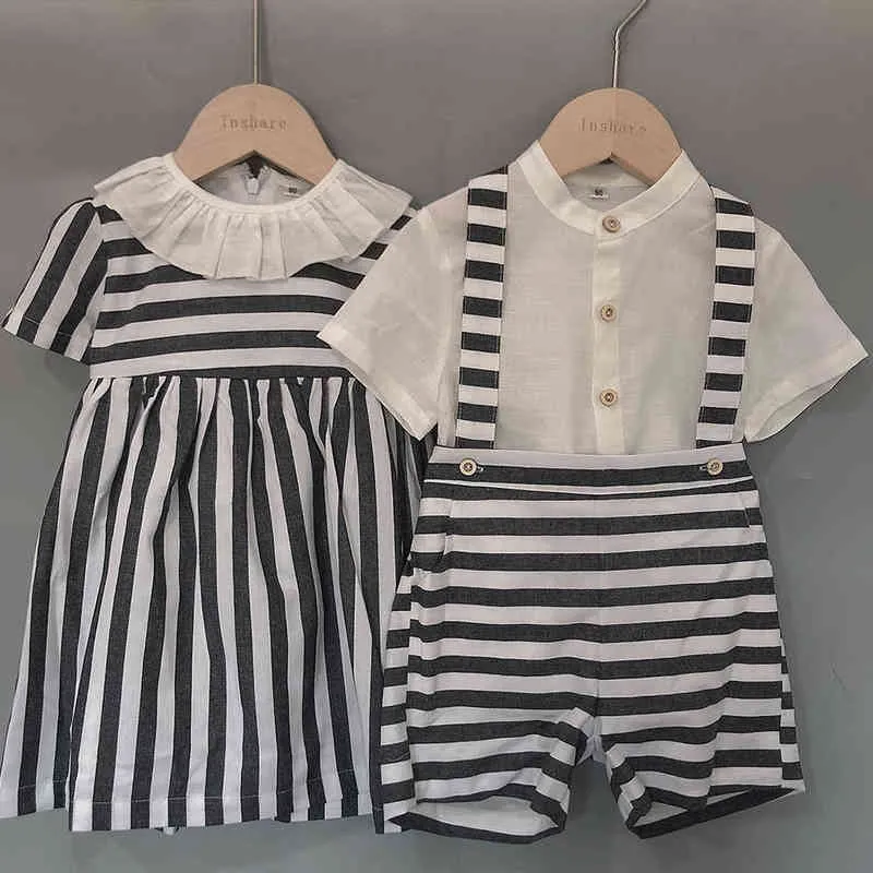 Children Boutique Clothing Set Custom Black White Striped Cotton and Linen For Boys Girls Spanish Sister Brother Fashion Clothes Y220310