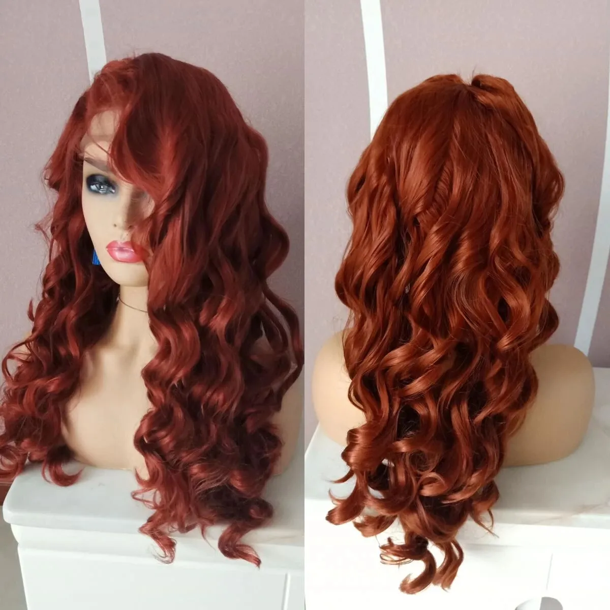 Long Curly Auburn Copper Red Synthetic Lace Front Wigs High 