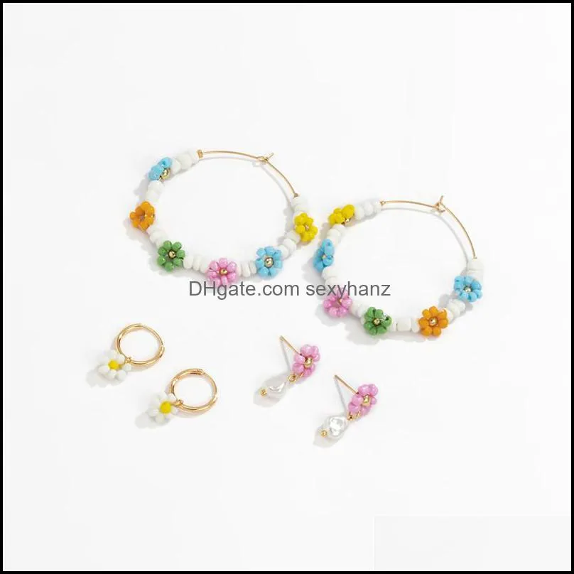 European Colorful Daisy Flower Beaded Earrings Hoop Geometric Imitation Pearl Ear Buckle Women Copper Gold Ethnic Style Stud Earring Jewelry Sets