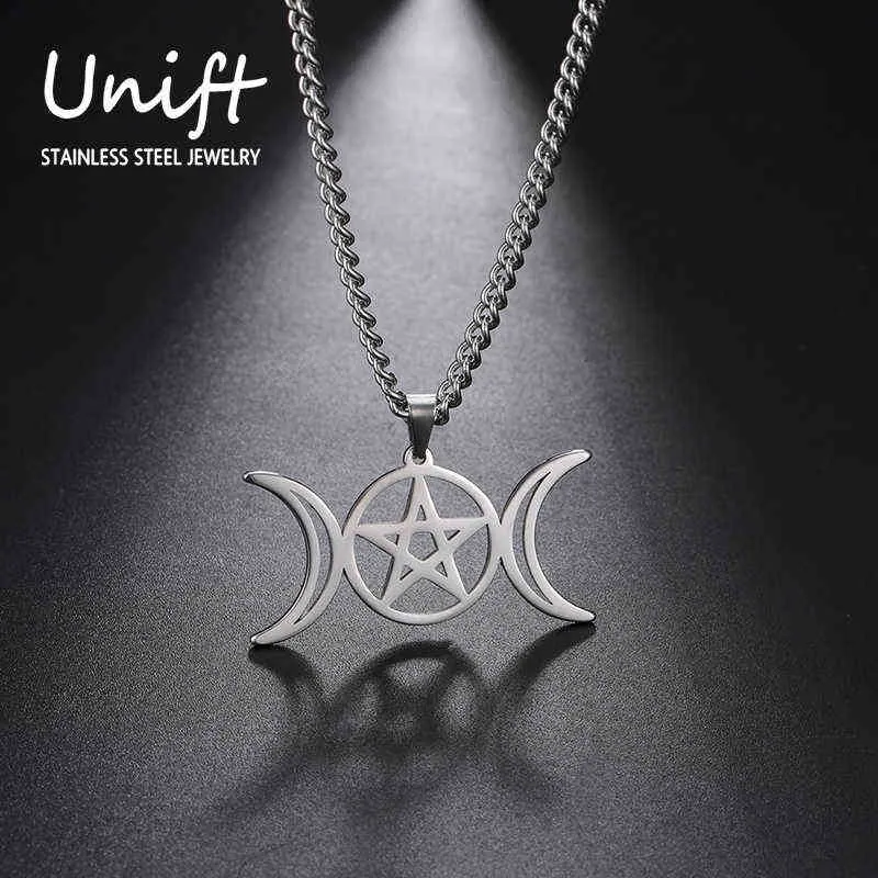 Unift Triple Moon Goddess Necklace For Women Men Wicca Pentagram Magic Supernatural Amulet Necklaces Stainless Steel Jewelry G1206
