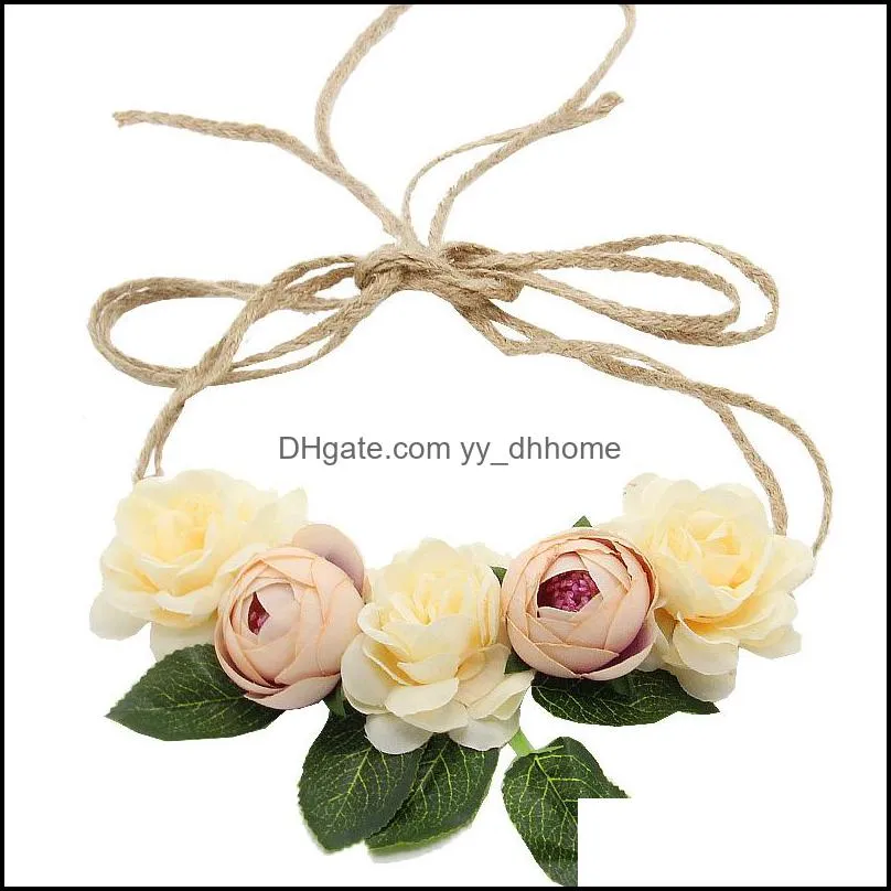 Rosa Flower Wreath Wedding Bridal Artificial Flower Head Tiara Crown Long Straps Floral Headband Woman Hair Accessories