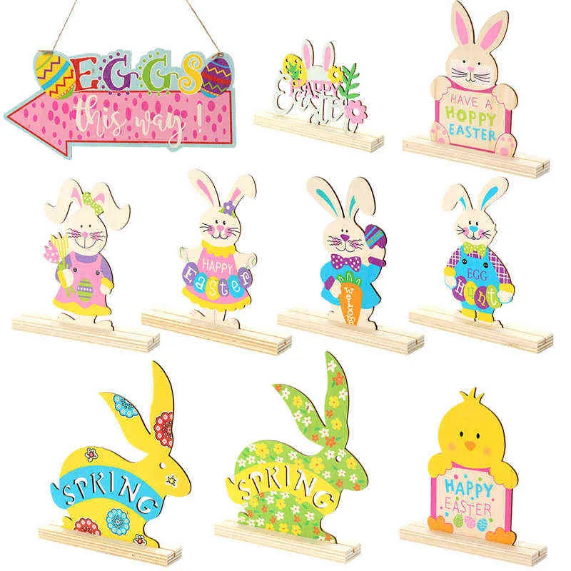 Wooden Craft Easter Rabbit Ornament Happy Easter Desktop Decoration For Home Bunny Easter Eggs Party Decor Pendants