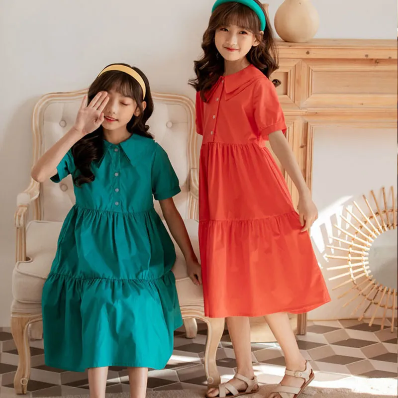 Teens Girl Summer Dress Clothing School 100% Cotton Long Dress For Girls  Fashion Children Dresses Blue Orange Clothes 210303