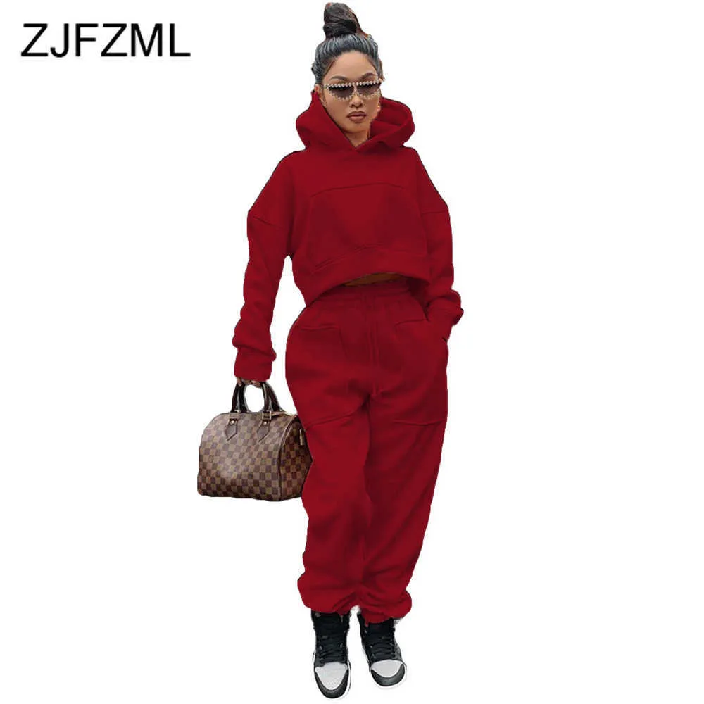 Rosa Sportkläder Två Piece Sets Kvinnor 2021 Ny Streetwear Full Sleeve Hooded Sweatshirt och Pocket Sweatpant Kvinna Matchande kostym Y0625