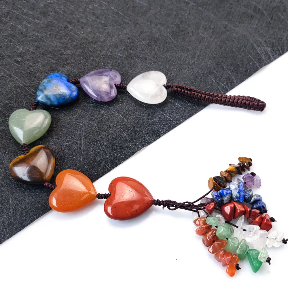 Intrecciato Chakra del cuore Reiki Cristalli Ciondolo in pietra curativa Sette chakra Bilanciamento energetico Manipolo lucido Pietre naturali Perline Decorazione borsa auto