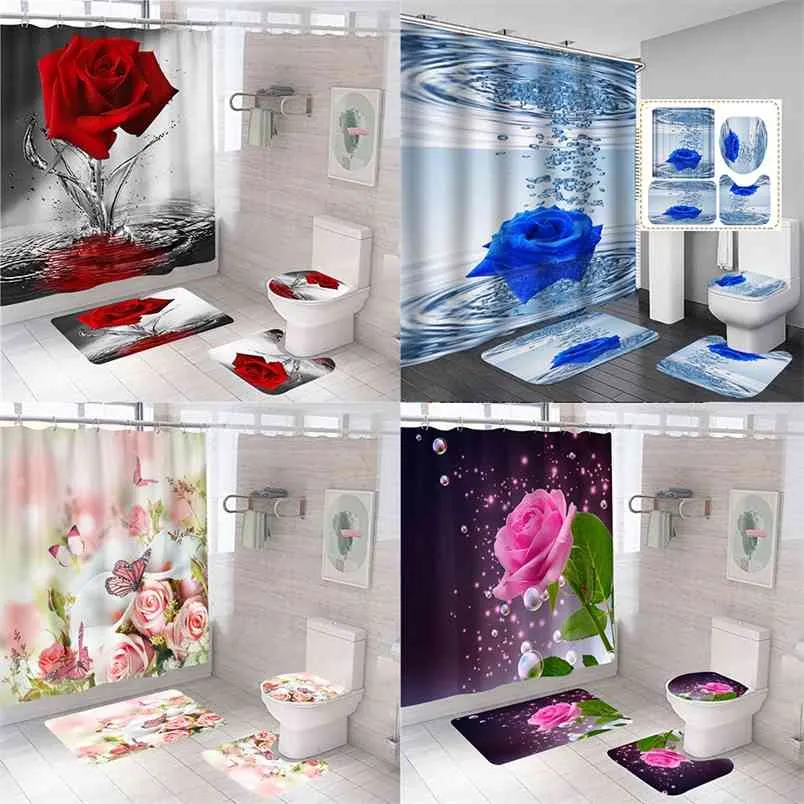 3D-blauw rood roze rose print douche gordijn set badkamer bading scherm anti-slip toilet dek deksel tapijt tapijten keuken home decor 210915