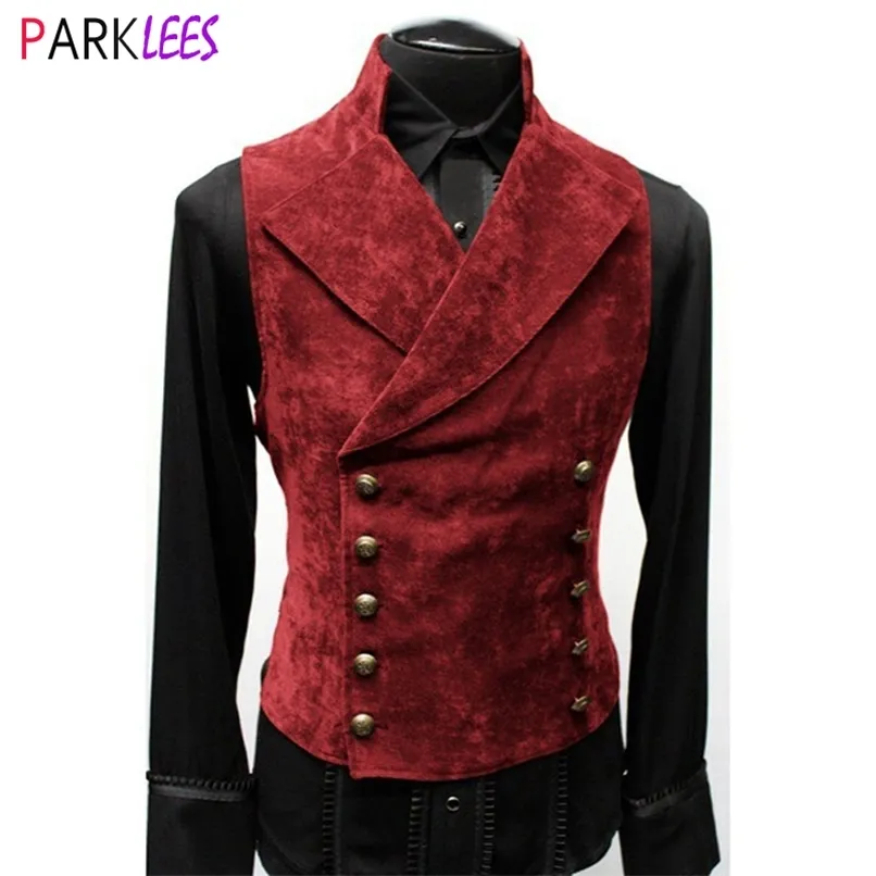 Mens gótico steampunk terciopelo chaleco retro medieval victoriano chaleco hombres stand collar doble pecho etapa cosplay traje de fiesta 210923